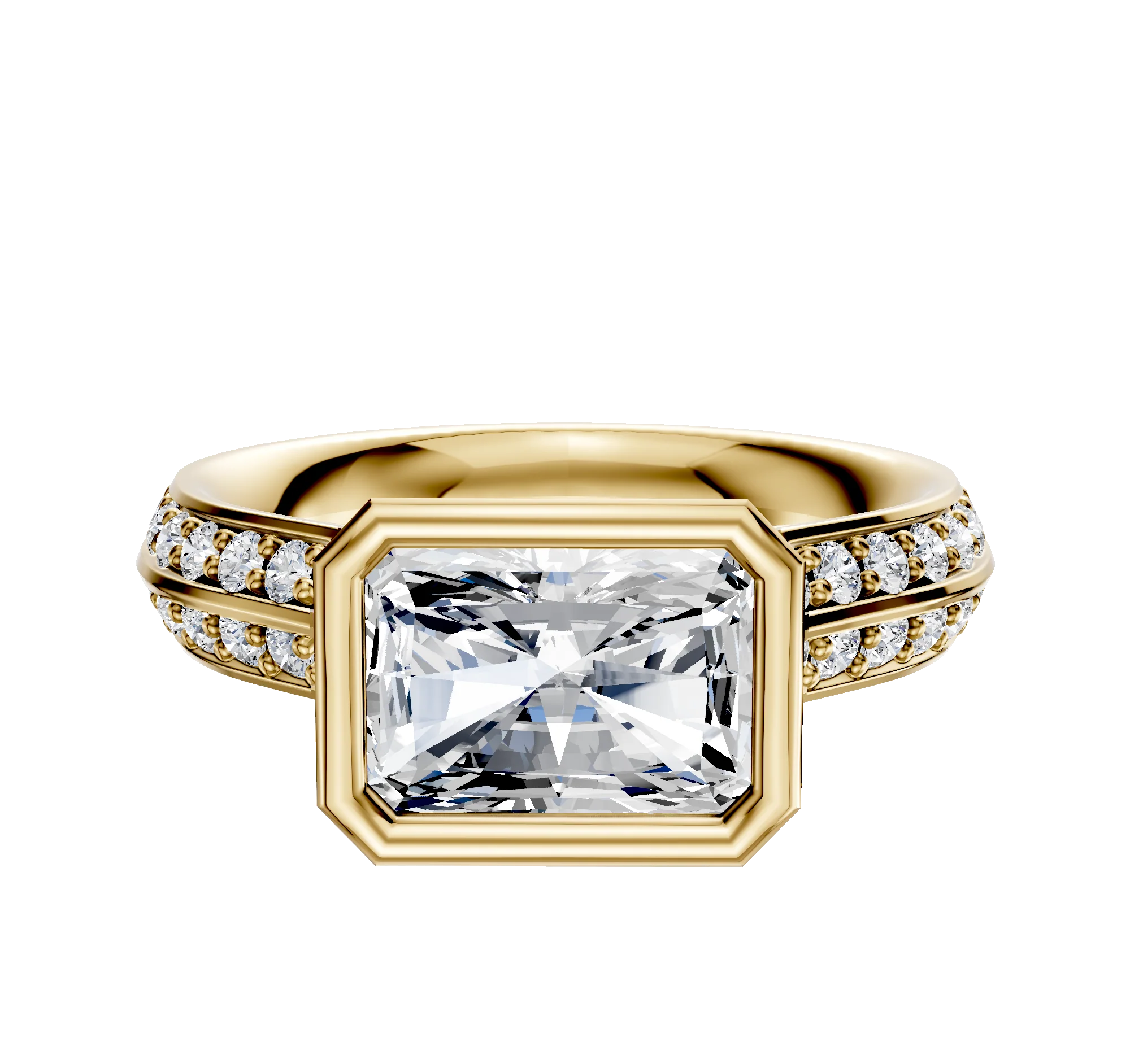 18K Yellow Gold Bezel Full Bezel East/West Cathedral Knife Edge 1-Row-Pave 2.5mm Engagement Ring