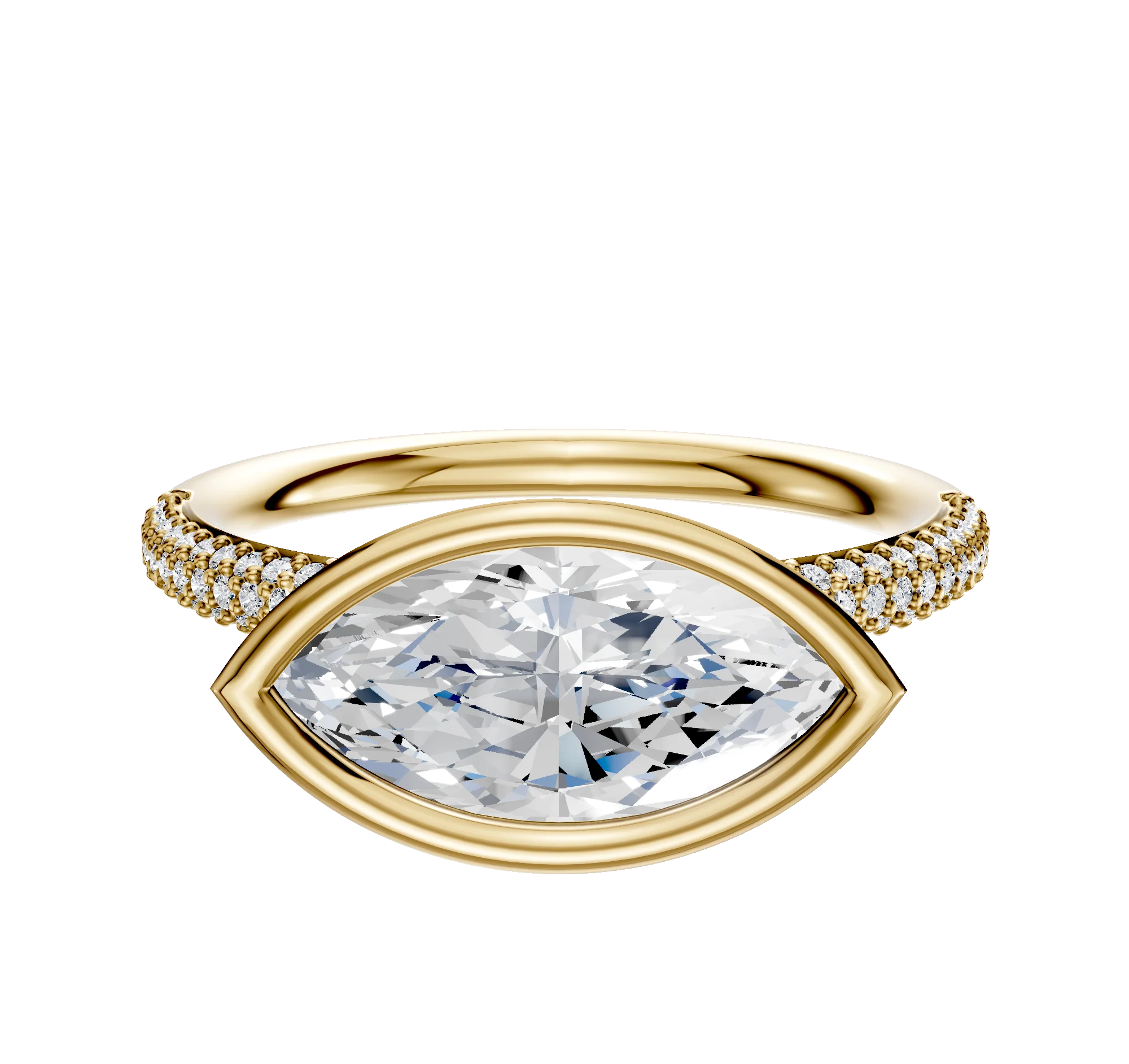 18K Yellow Gold Bezel Full Bezel East/West Classic Dome 3-Row-Pave 2.0mm Engagement Ring