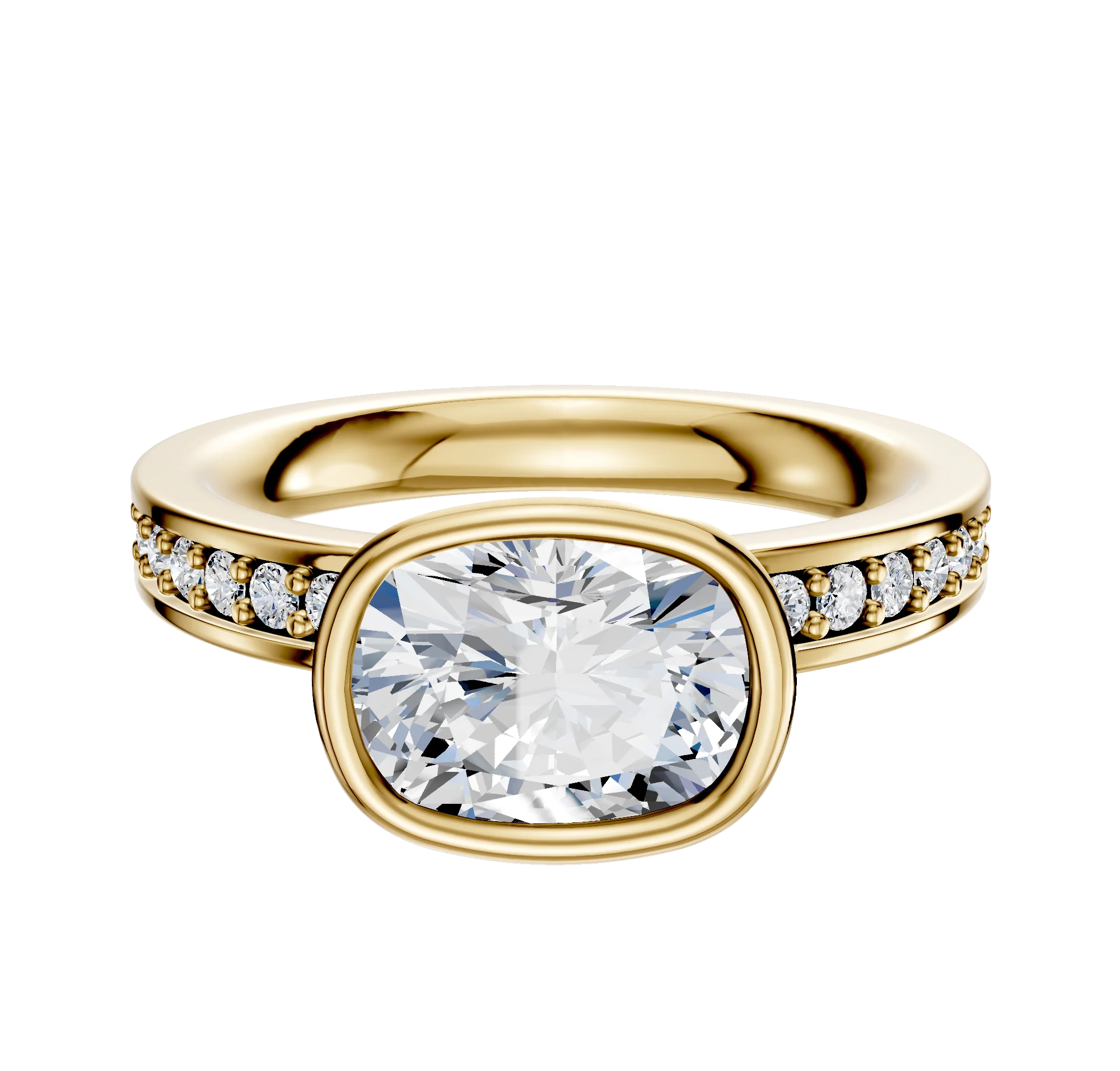 18K Yellow Gold Bezel Full Bezel East/West Classic Flat 1-Row-Pave 2.5mm Engagement Ring