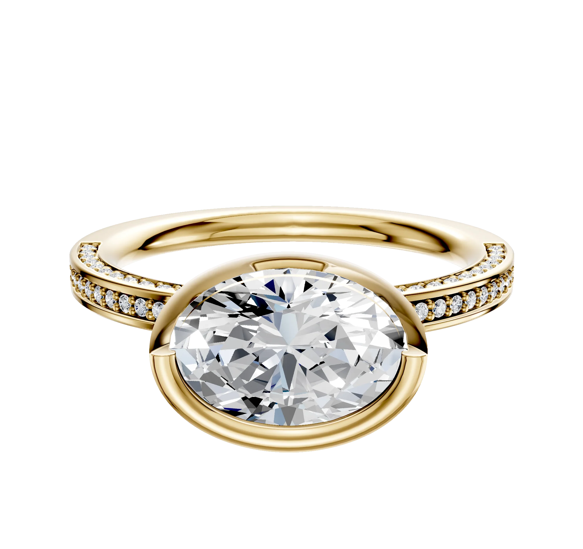 18K Yellow Gold Bezel Full Bezel East/West Classic Flat 3-Row-Pave 2.0mm Engagement Ring