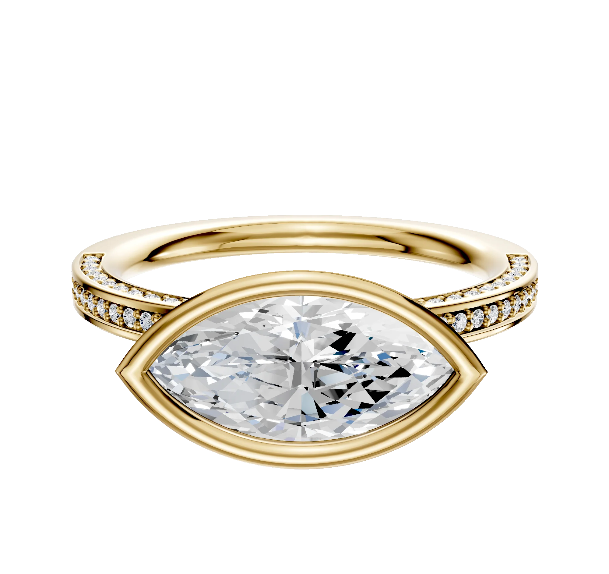 18K Yellow Gold Bezel Full Bezel East/West Classic Flat 3-Row-Pave 2.0mm Engagement Ring