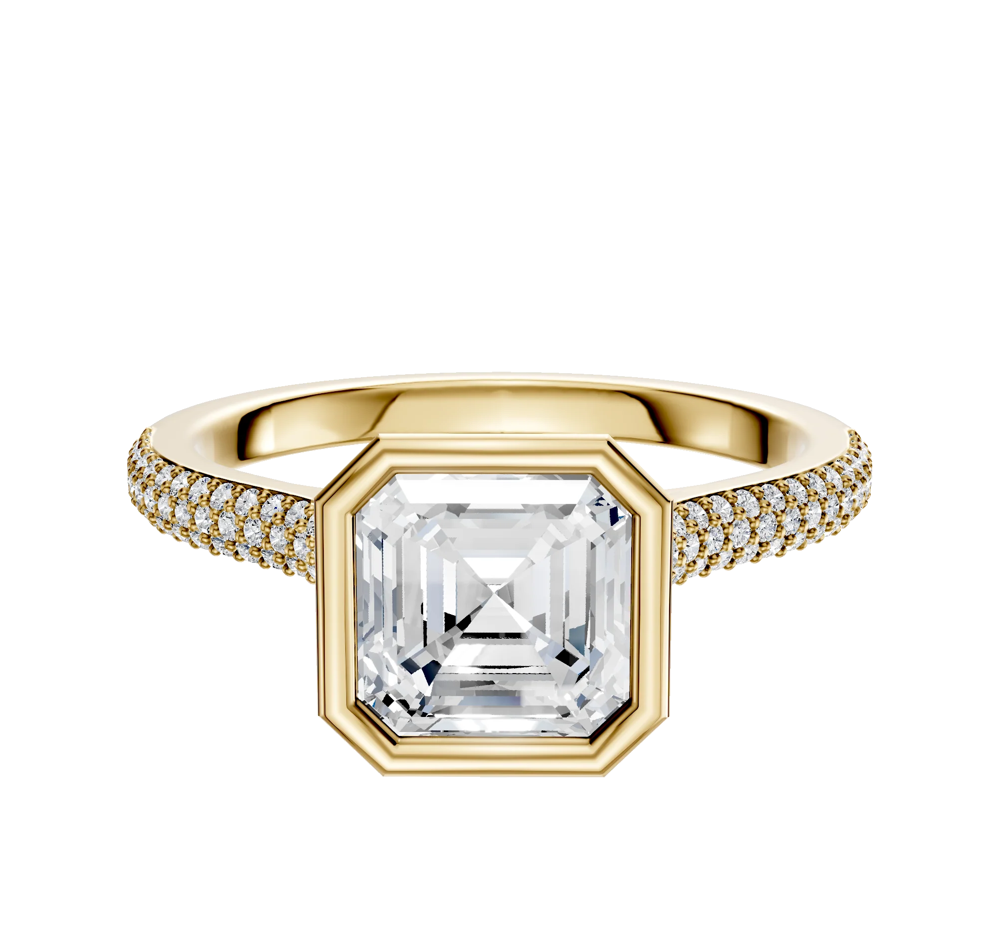 18K Yellow Gold Bezel Full Bezel North/South Cathedral Dome 3-Row-Pave 2.0mm Engagement Ring