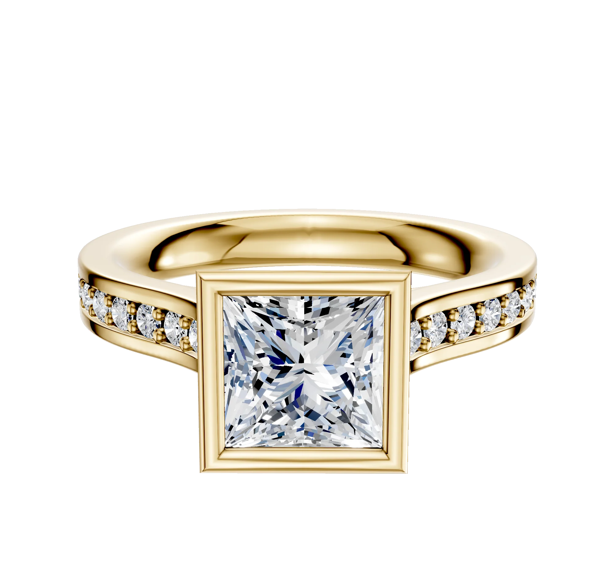 18K Yellow Gold Bezel Full Bezel North/South Cathedral Flat 1-Row-Pave 2.5mm Engagement Ring