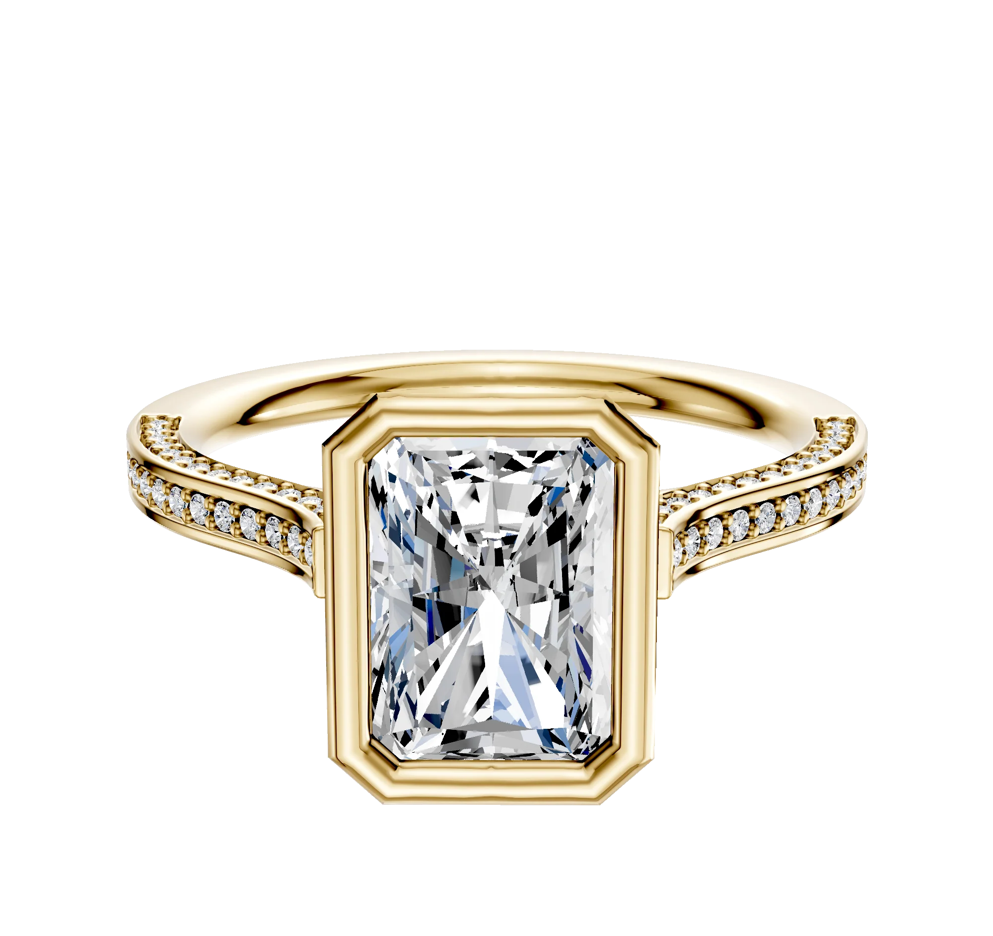 18K Yellow Gold Bezel Full Bezel North/South Cathedral Flat 3-Row-Pave 2.0mm Engagement Ring