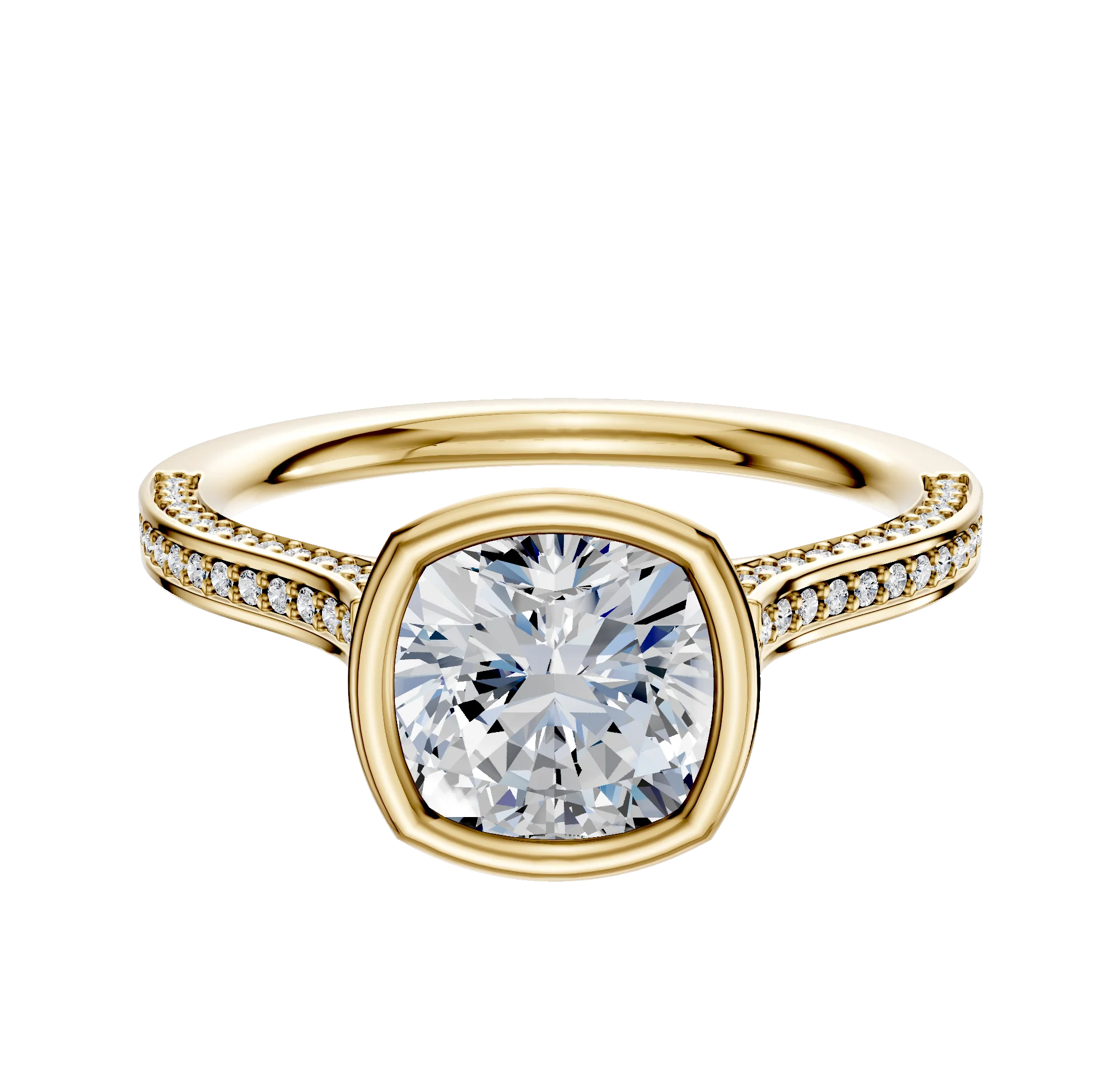 18K Yellow Gold Bezel Full Bezel North/South Cathedral Flat 3-Row-Pave 2.0mm Engagement Ring
