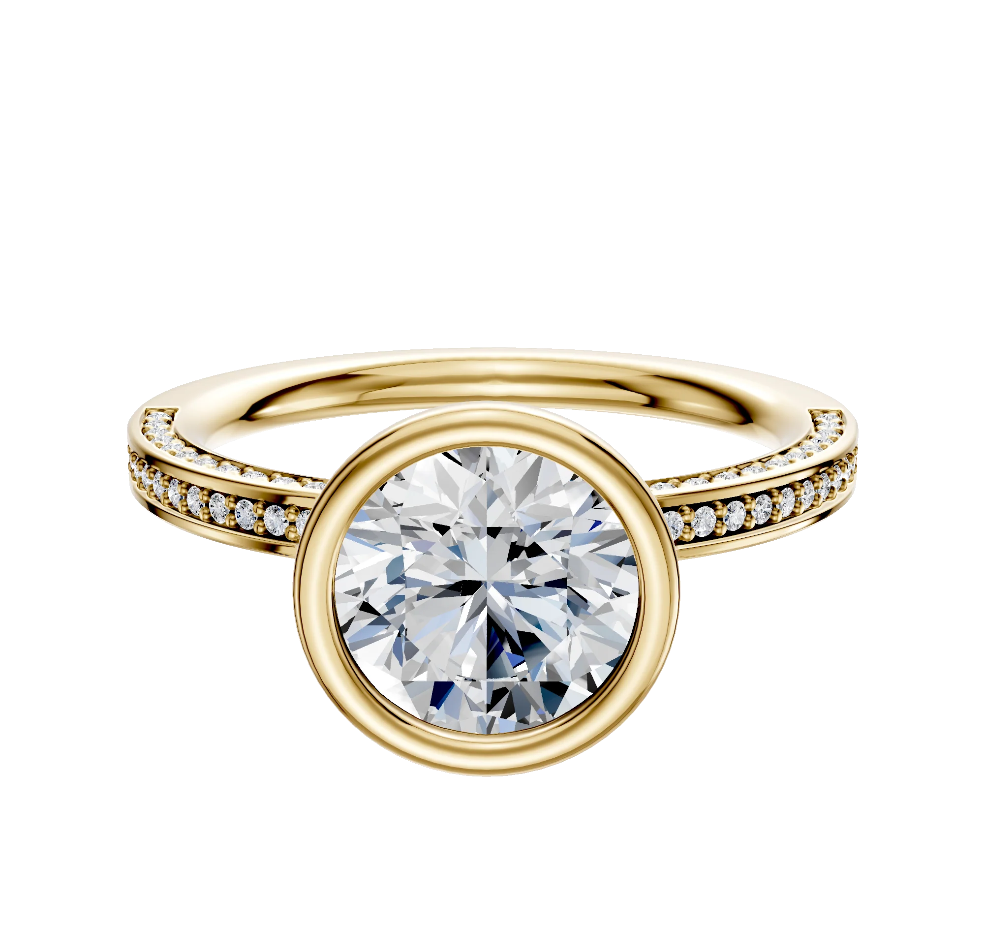 18K Yellow Gold Bezel Full Bezel North/South Classic Flat 3-Row-Pave 2.0mm Engagement Ring