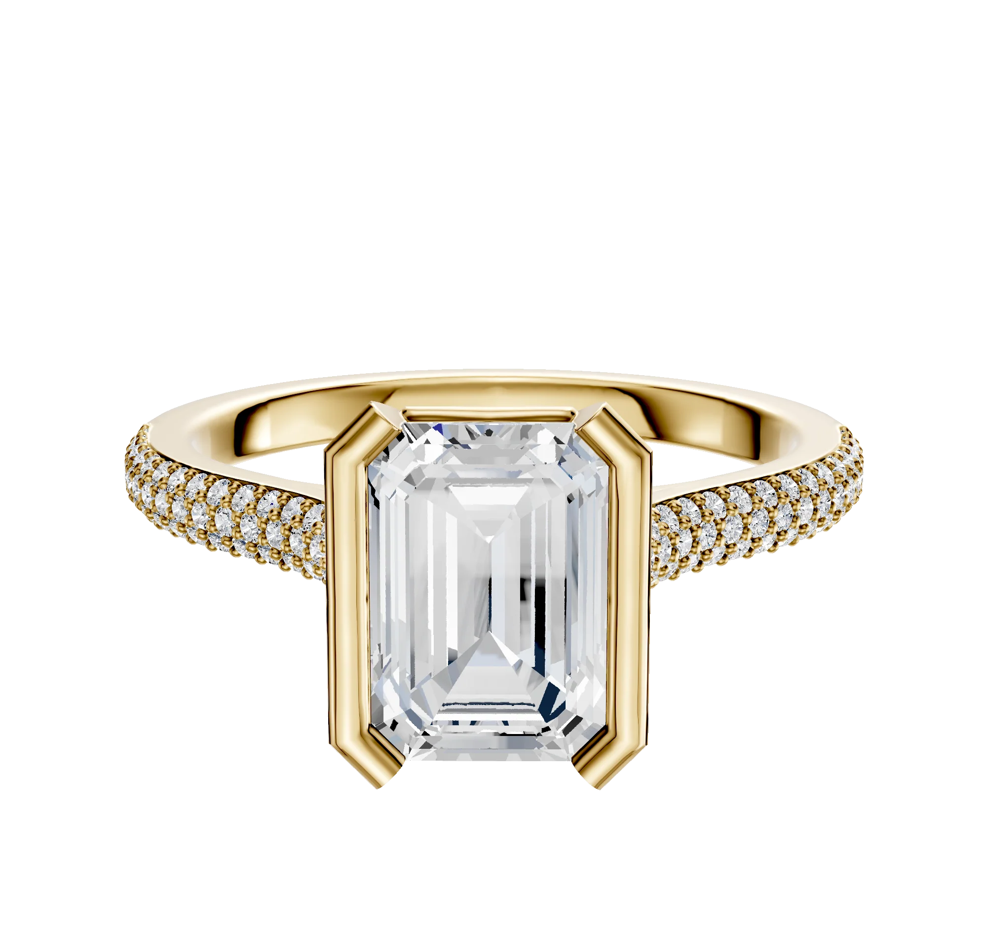 18K Yellow Gold Bezel Half Bezel North/South Cathedral Dome 3-Row-Pave 2.0mm Engagement Ring