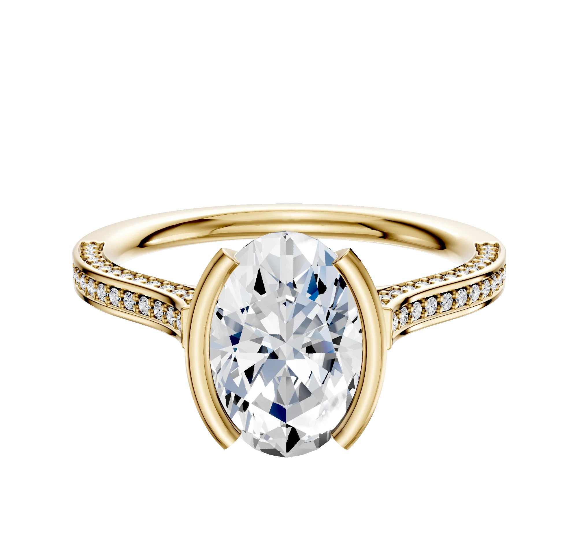 18K Yellow Gold Bezel Half Bezel North/South Cathedral Flat 3-Row-Pave 2.0mm Engagement Ring