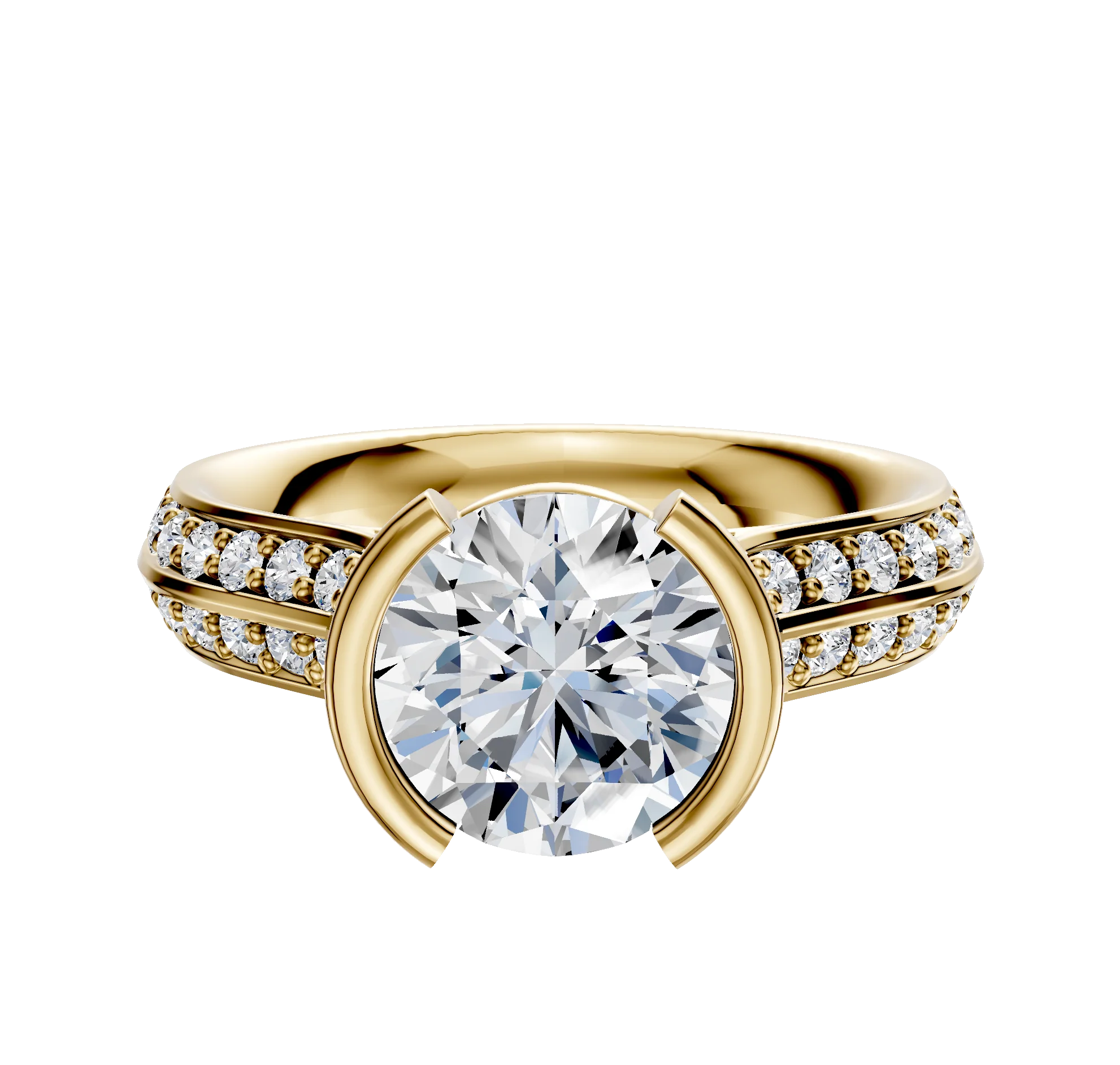 18K Yellow Gold Bezel Half Bezel North/South Cathedral Knife Edge 1-Row-Pave 2.5mm Engagement Ring