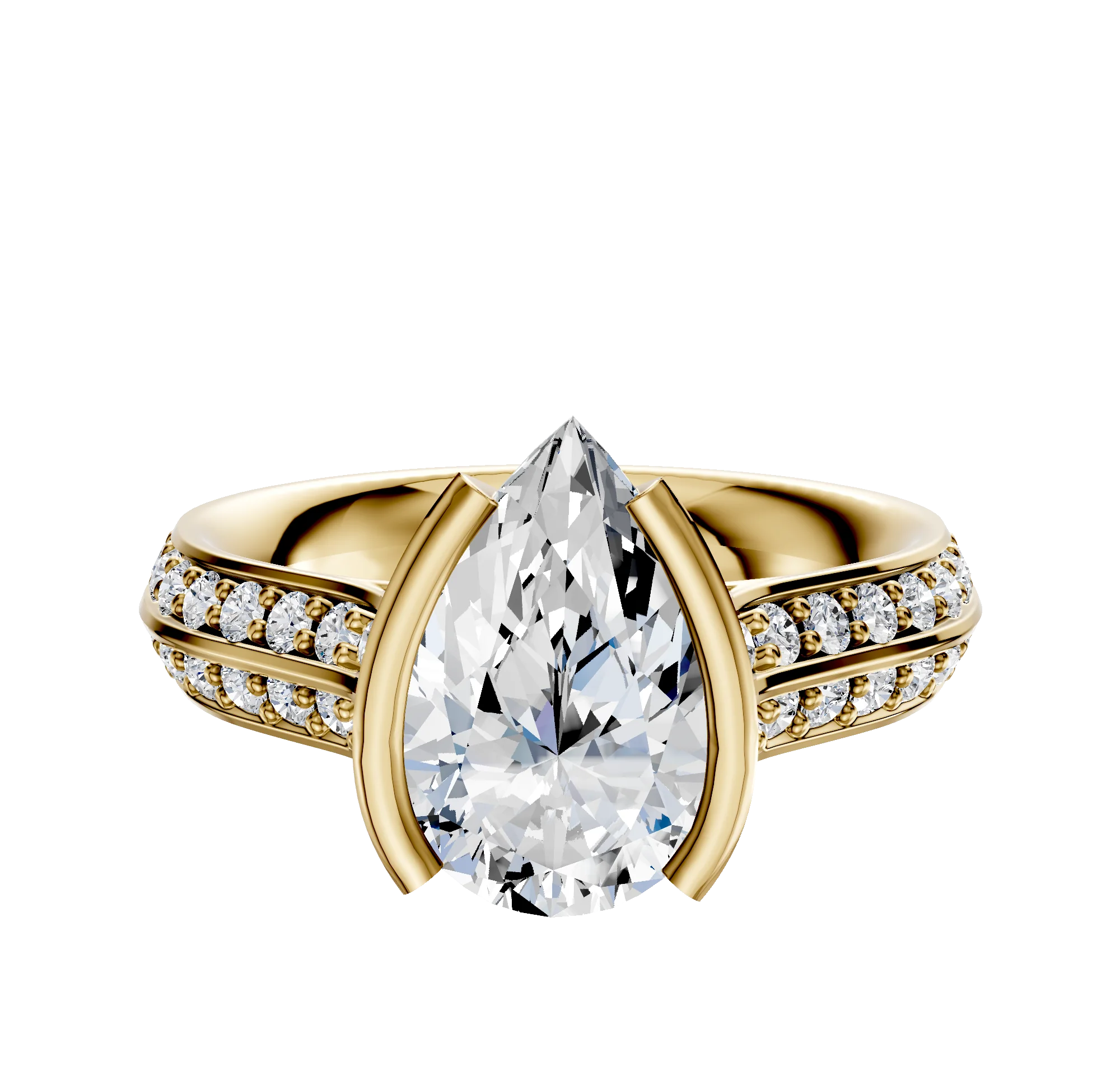 18K Yellow Gold Bezel Half Bezel North/South Cathedral Knife Edge 1-Row-Pave 2.5mm Engagement Ring