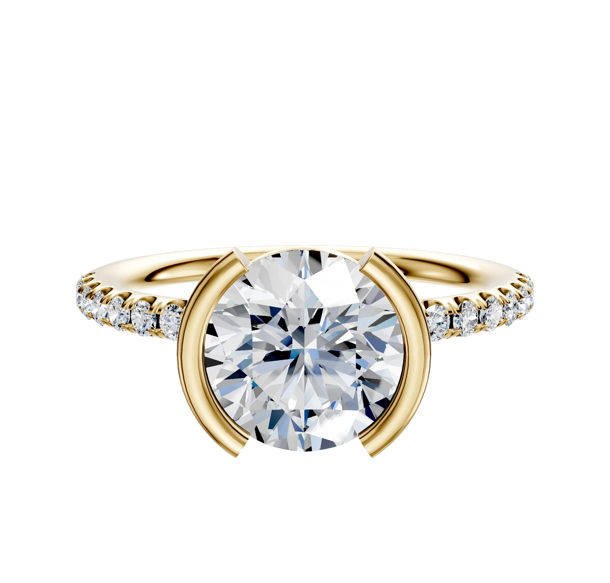 18K Yellow Gold Bezel Half Bezel North/South Classic Dome 1-Row-Pave 2.5mm Engagement Ring