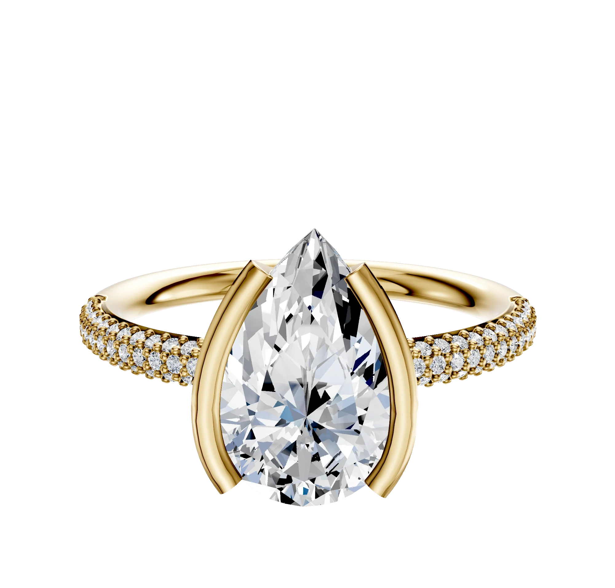 18K Yellow Gold Bezel Half Bezel North/South Classic Dome 3-Row-Pave 2.0mm Engagement Ring