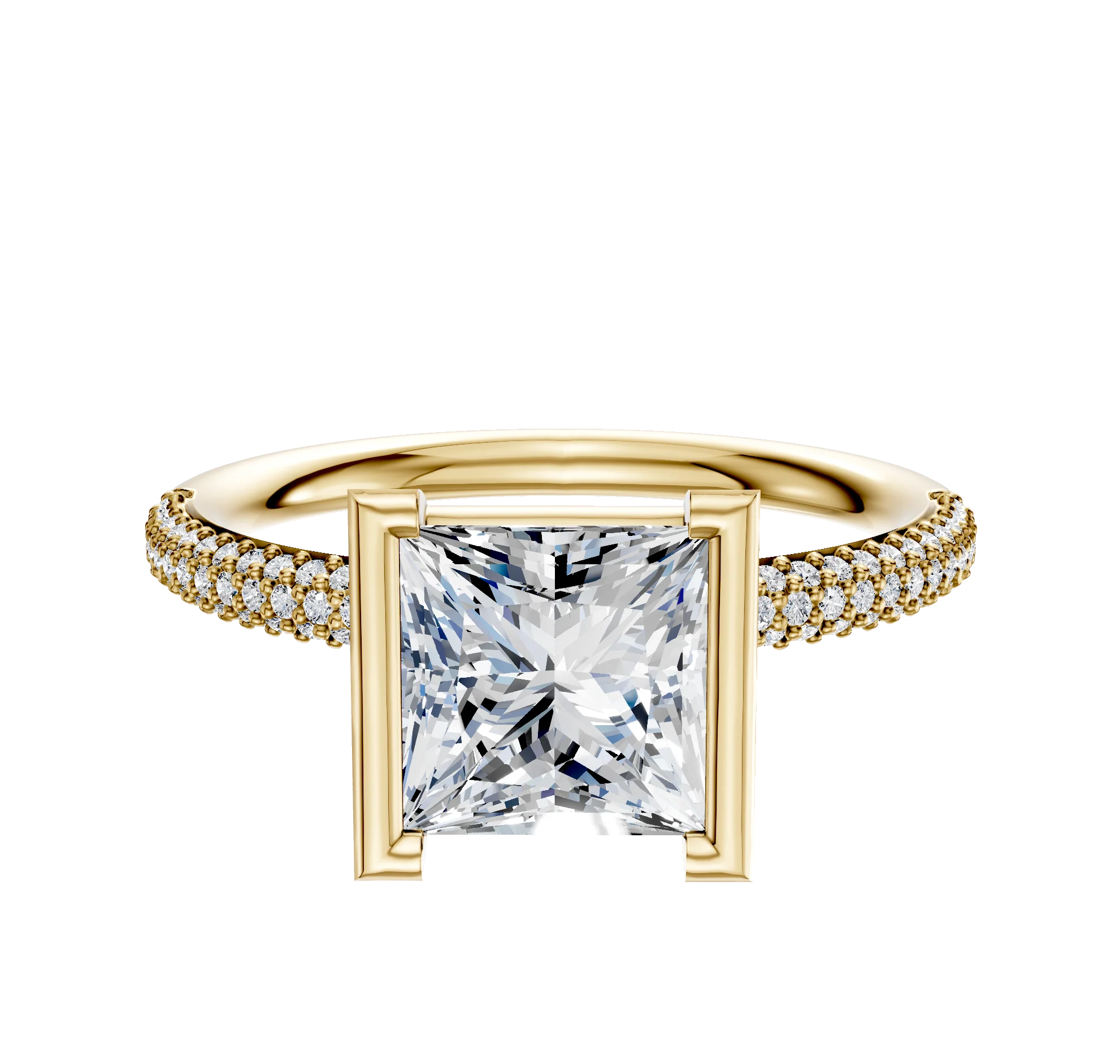 18K Yellow Gold Bezel Half Bezel North/South Classic Dome 3-Row-Pave 2.0mm Engagement Ring