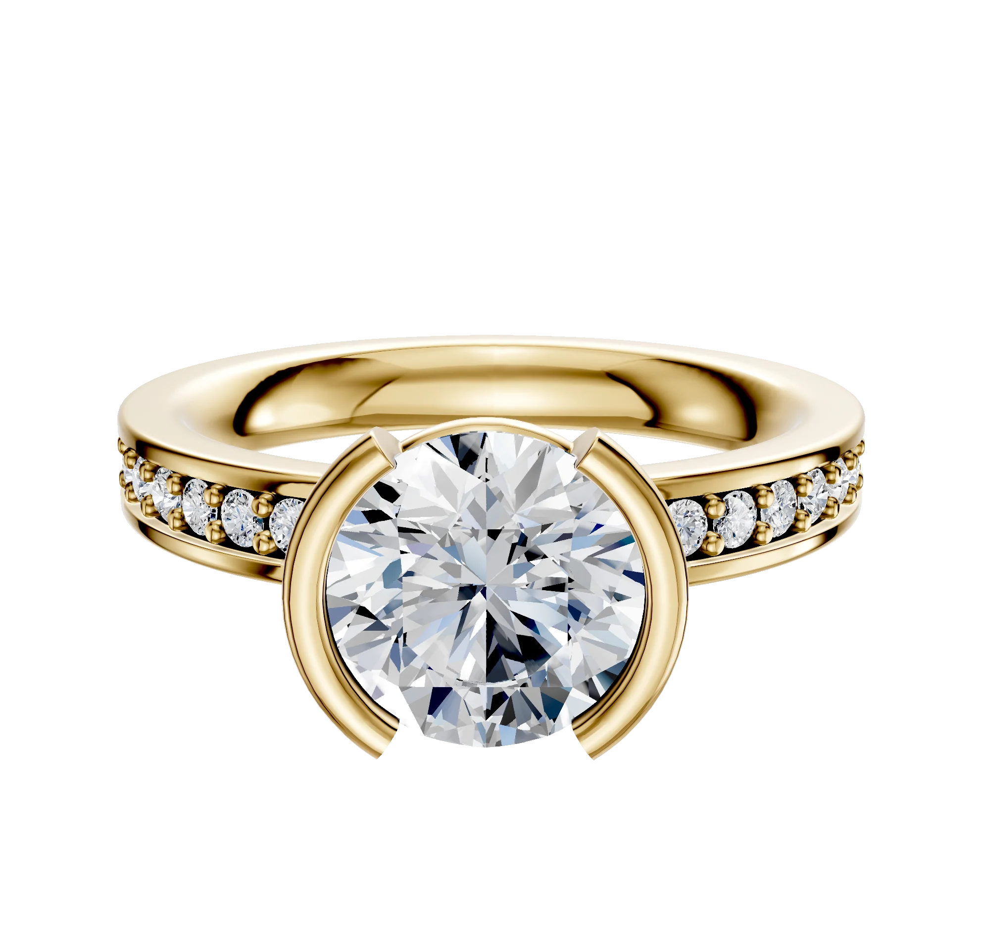 18K Yellow Gold Bezel Half Bezel North/South Classic Flat 1-Row-Pave 2.5mm Engagement Ring