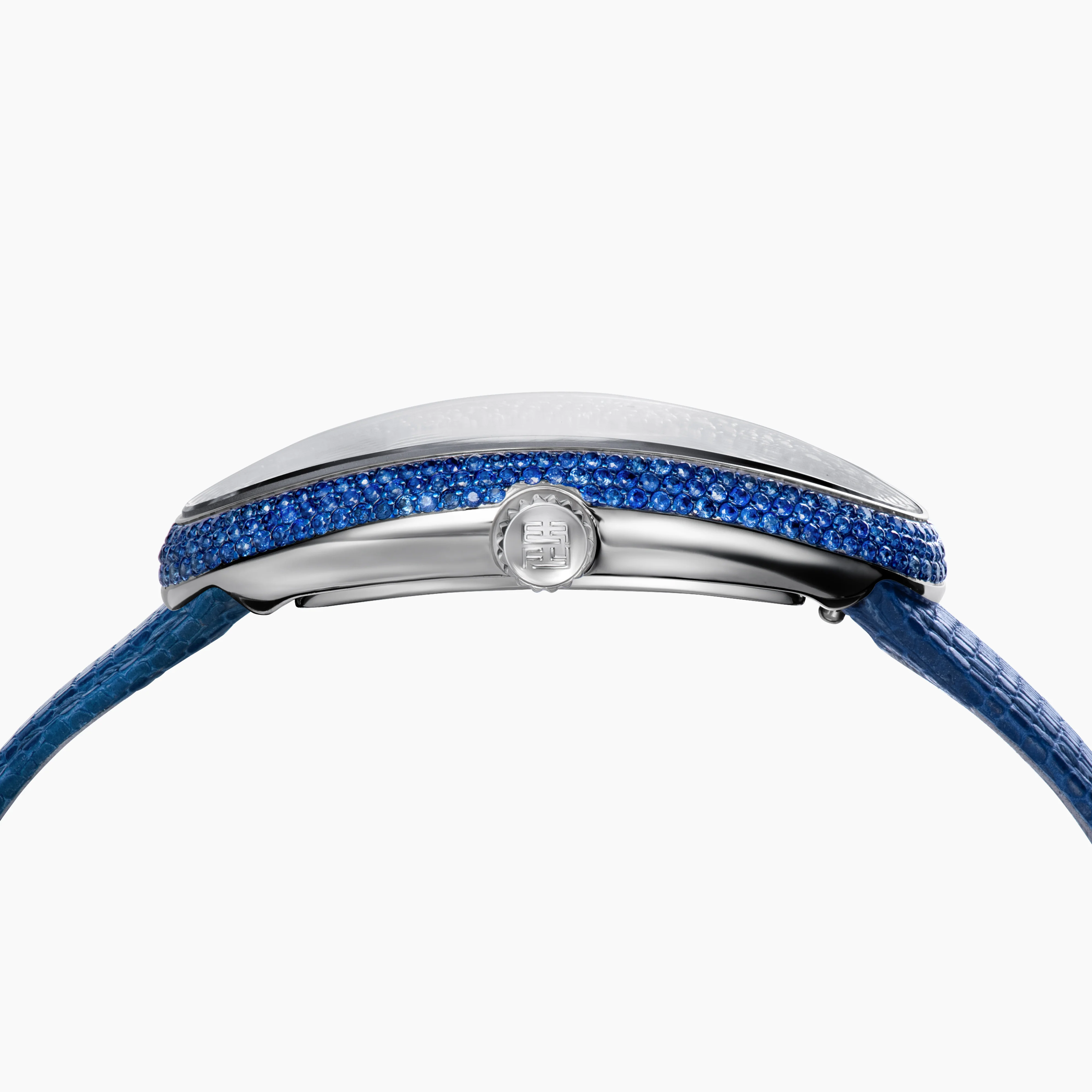 28MM Swiss Made Stainless Steel Cocktail Watch with Blue Sapphire and Diamonds - Image 4