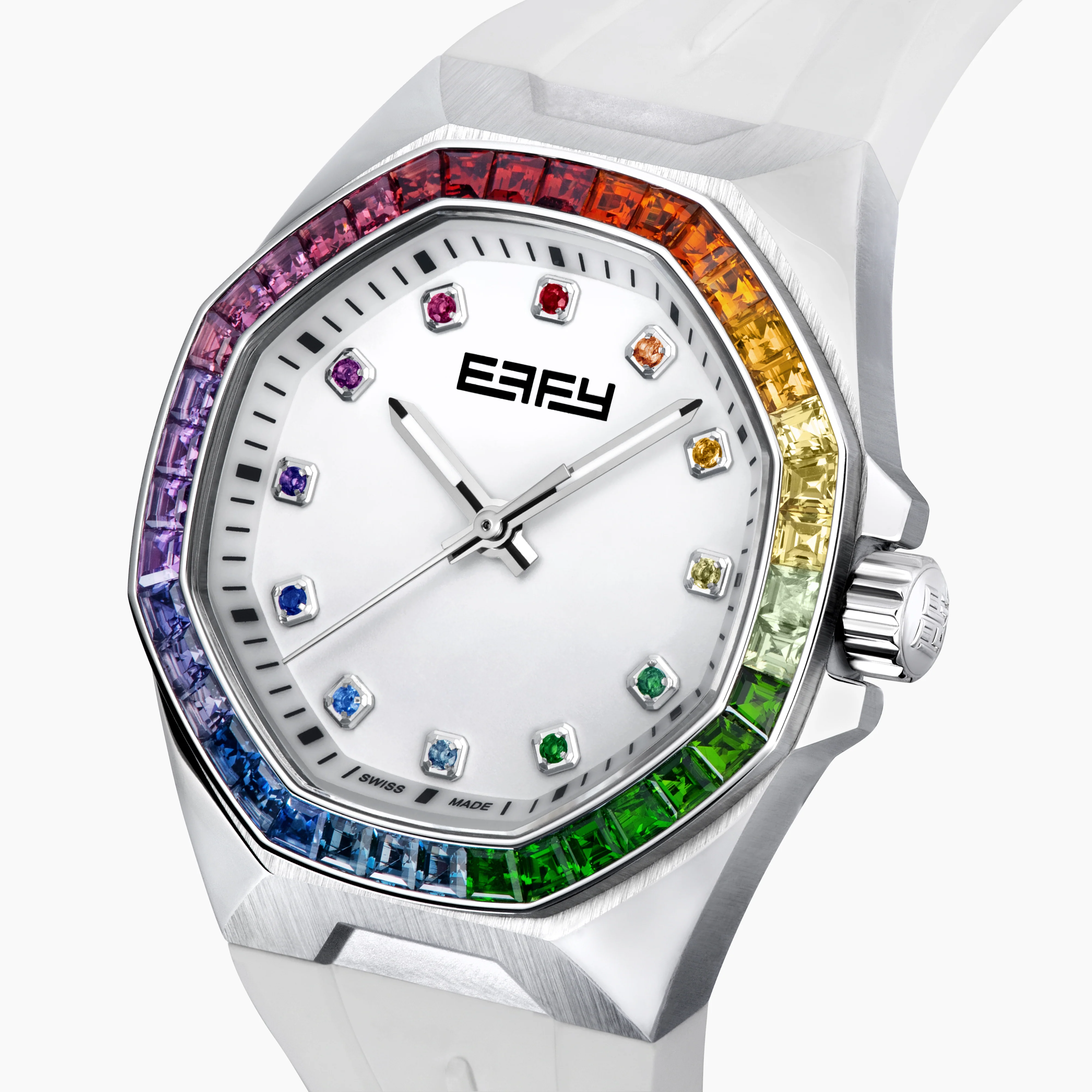 38MM Swiss Made Stainless Steel Automatic Watch with Rainbow Gemstones - Image 3
