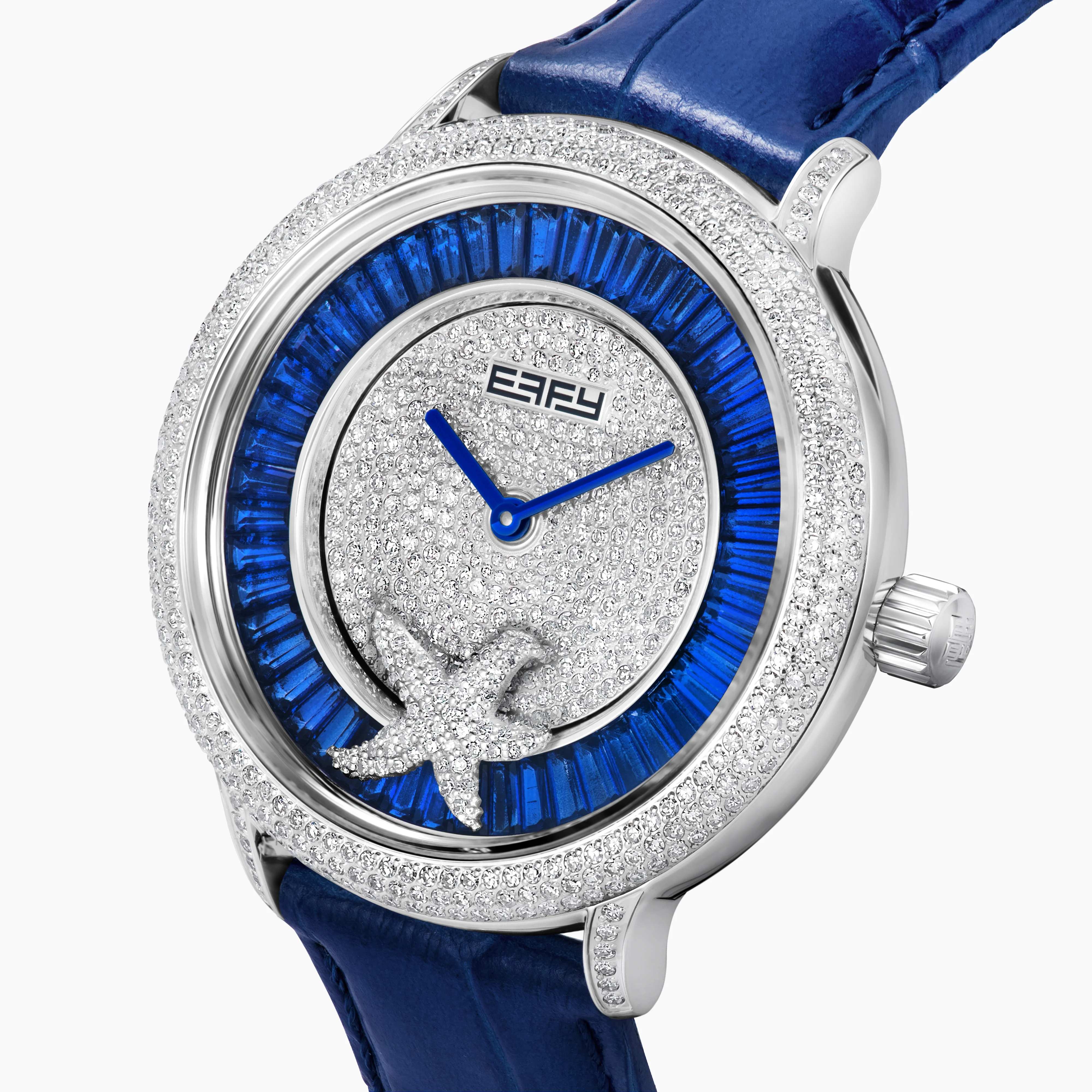 38MM Swiss Made Stainless Steel Spinning Starfish Watch with Diamonds and Blue Topaz - Image 3