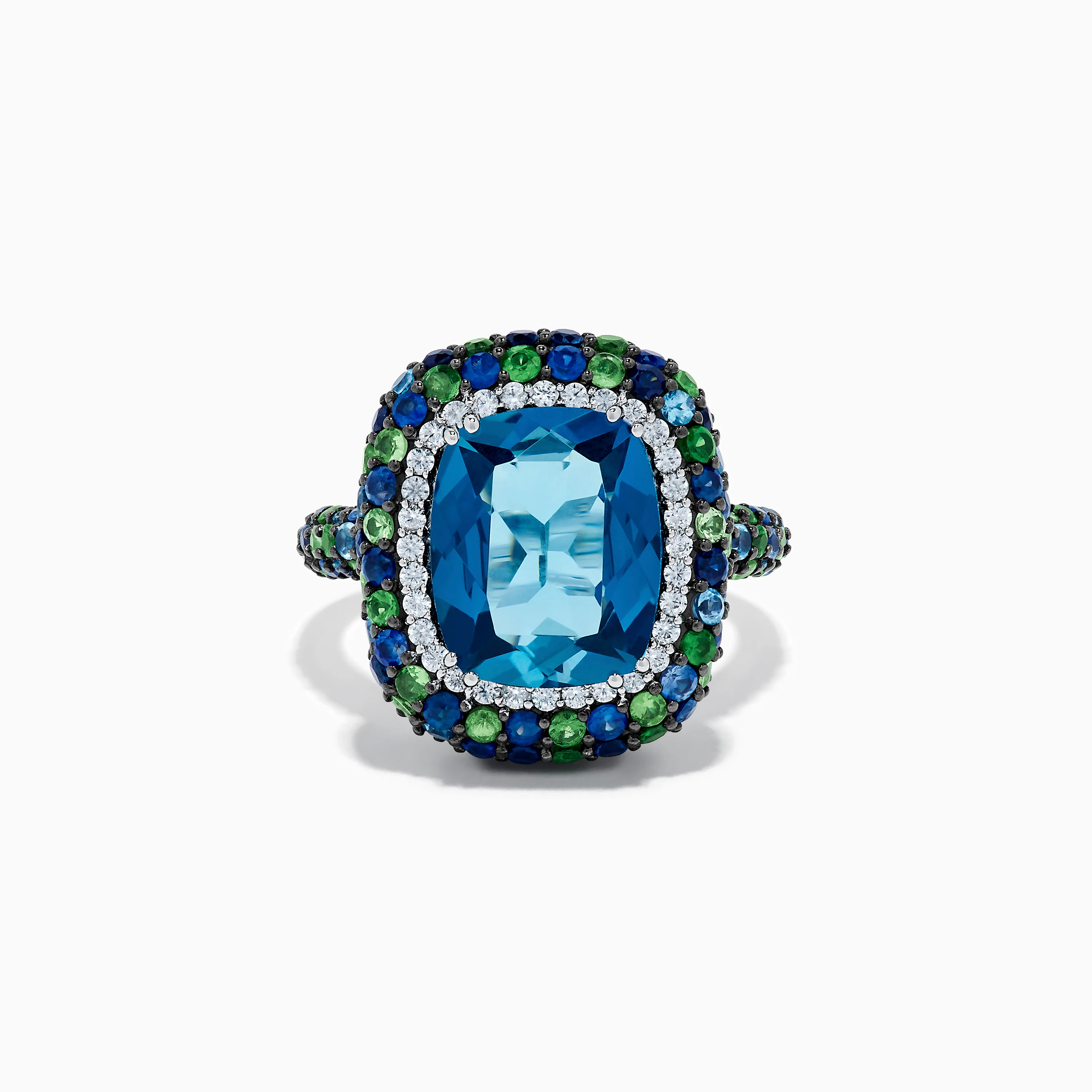 925 Sterling Silver Blue Topaz Cushion Multi Gemstone Halo Ring