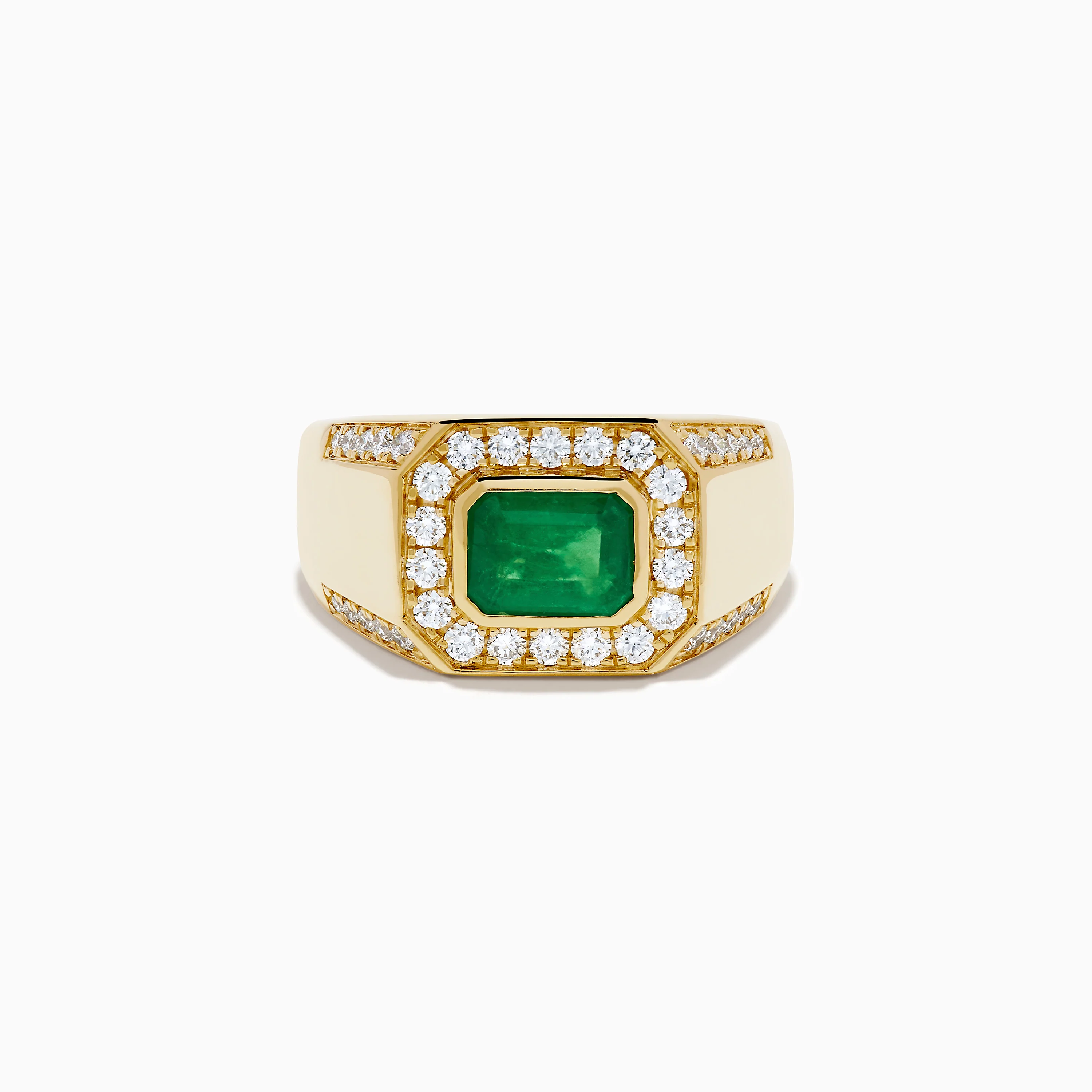 Men's 14K Yellow Gold Emerald Signet Ring with Diamond Halo