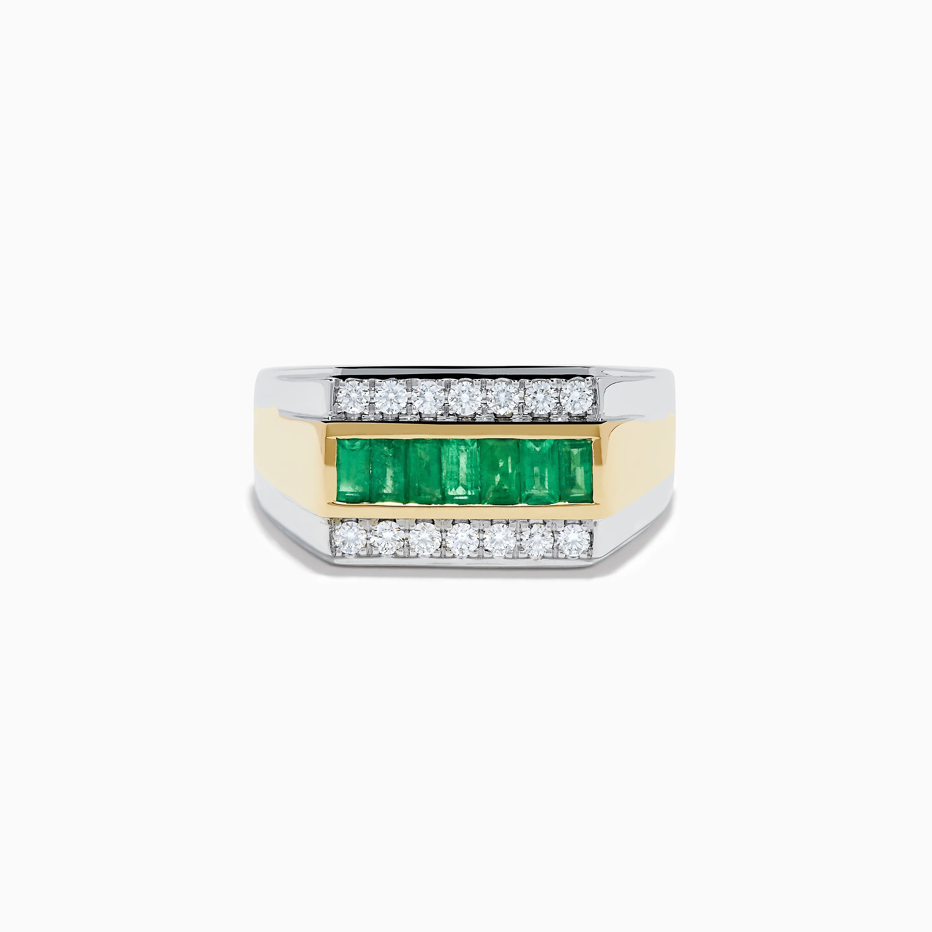 Men's Two Tone Gold Channel Set Emerald and Diamond Signet Ring