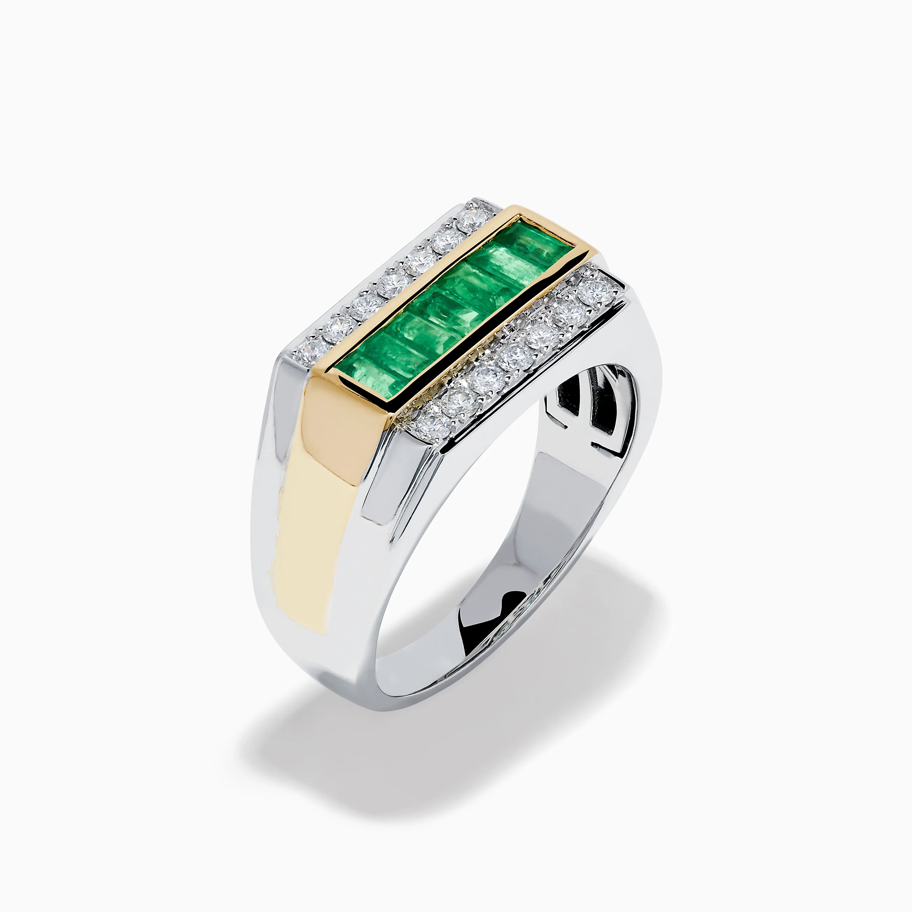 Men's Two Tone Gold Channel Set Emerald and Diamond Signet Ring - Image 4