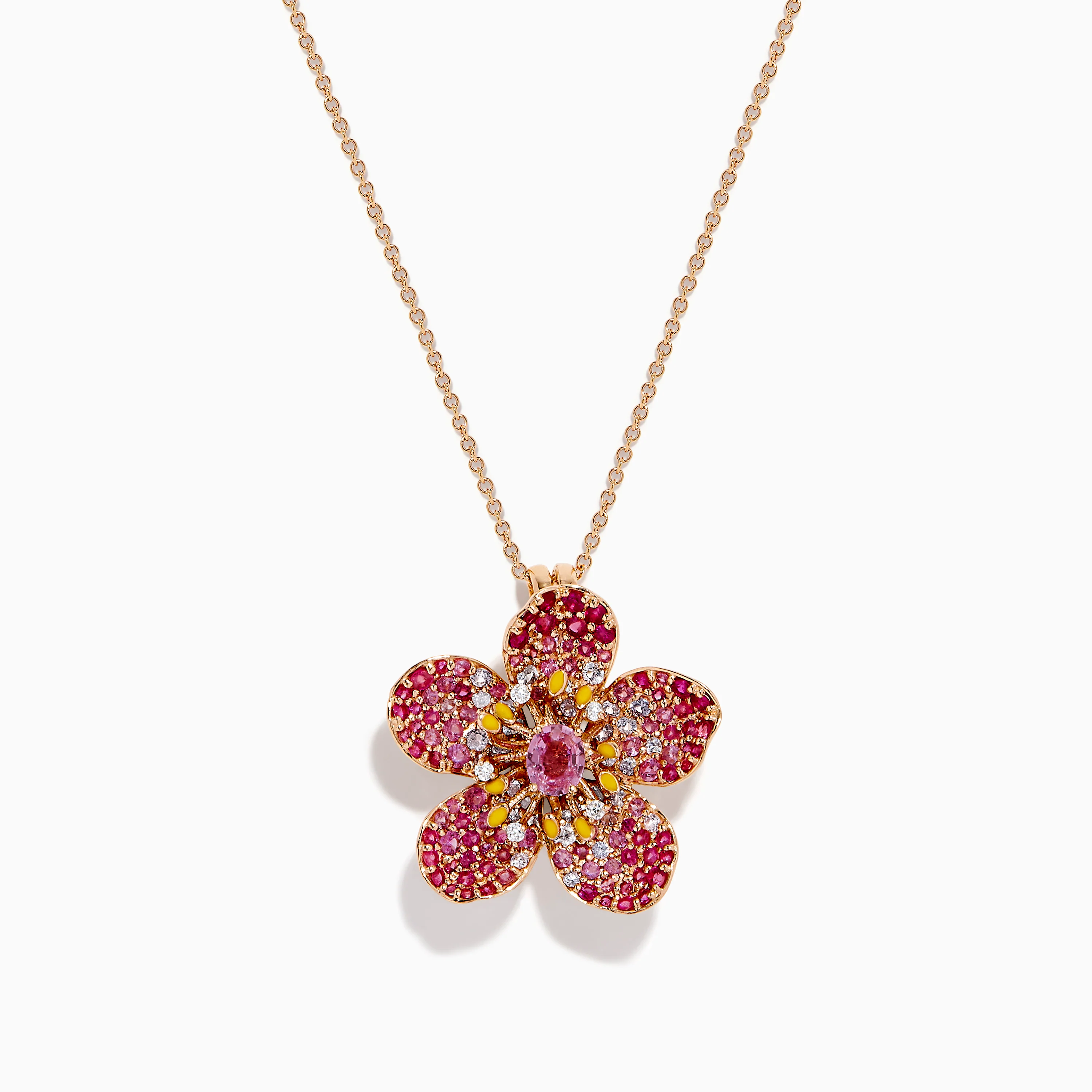 Nature 14K Rose Gold Pink Sapphire and Diamond Flower Pendant