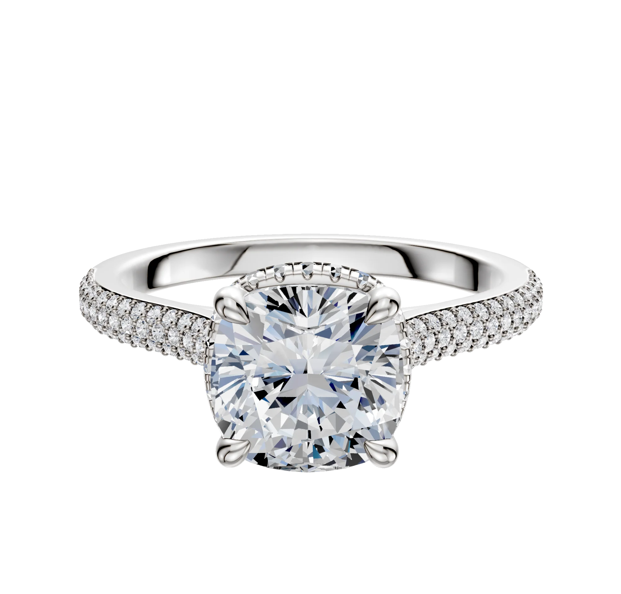 Platinum 4 Prong Collar Cathedral Dome 3-Row-Pave 2.0mm Engagement Ring