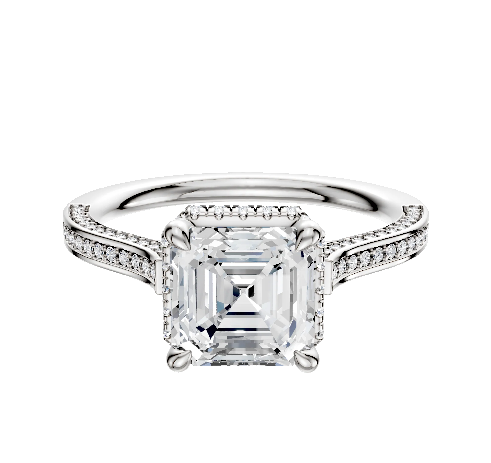 Platinum 4 Prong Collar Cathedral Flat 3-Row-Pave 2.0mm Engagement Ring