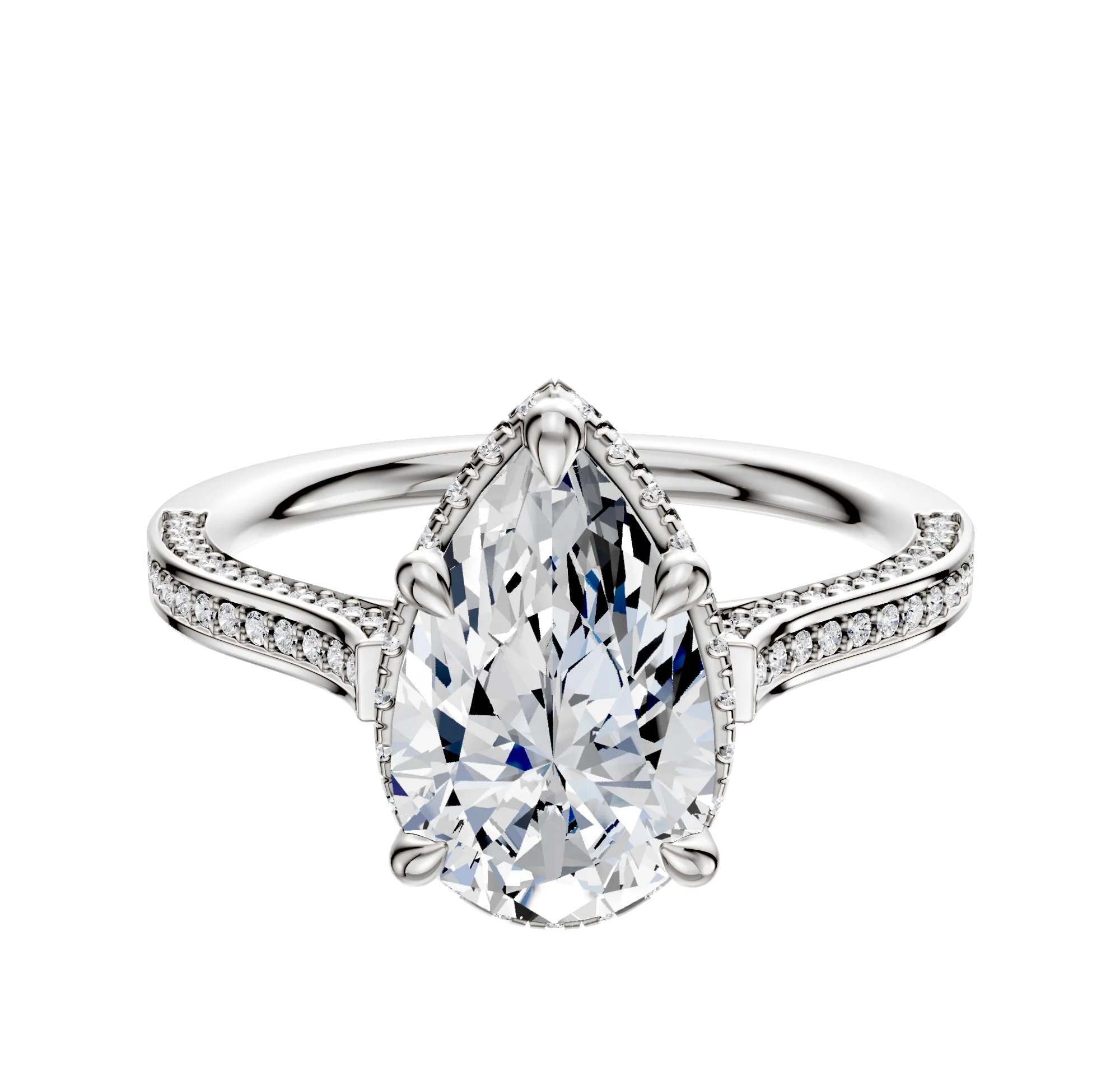 Platinum 4 Prong Collar Cathedral Flat 3-Row-Pave 2.0mm Engagement Ring