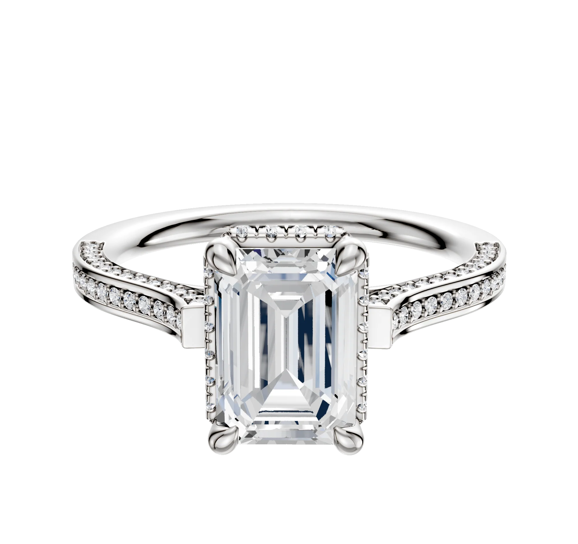 Platinum 4 Prong Collar Cathedral Flat 3-Row-Pave 2.0mm Engagement Ring
