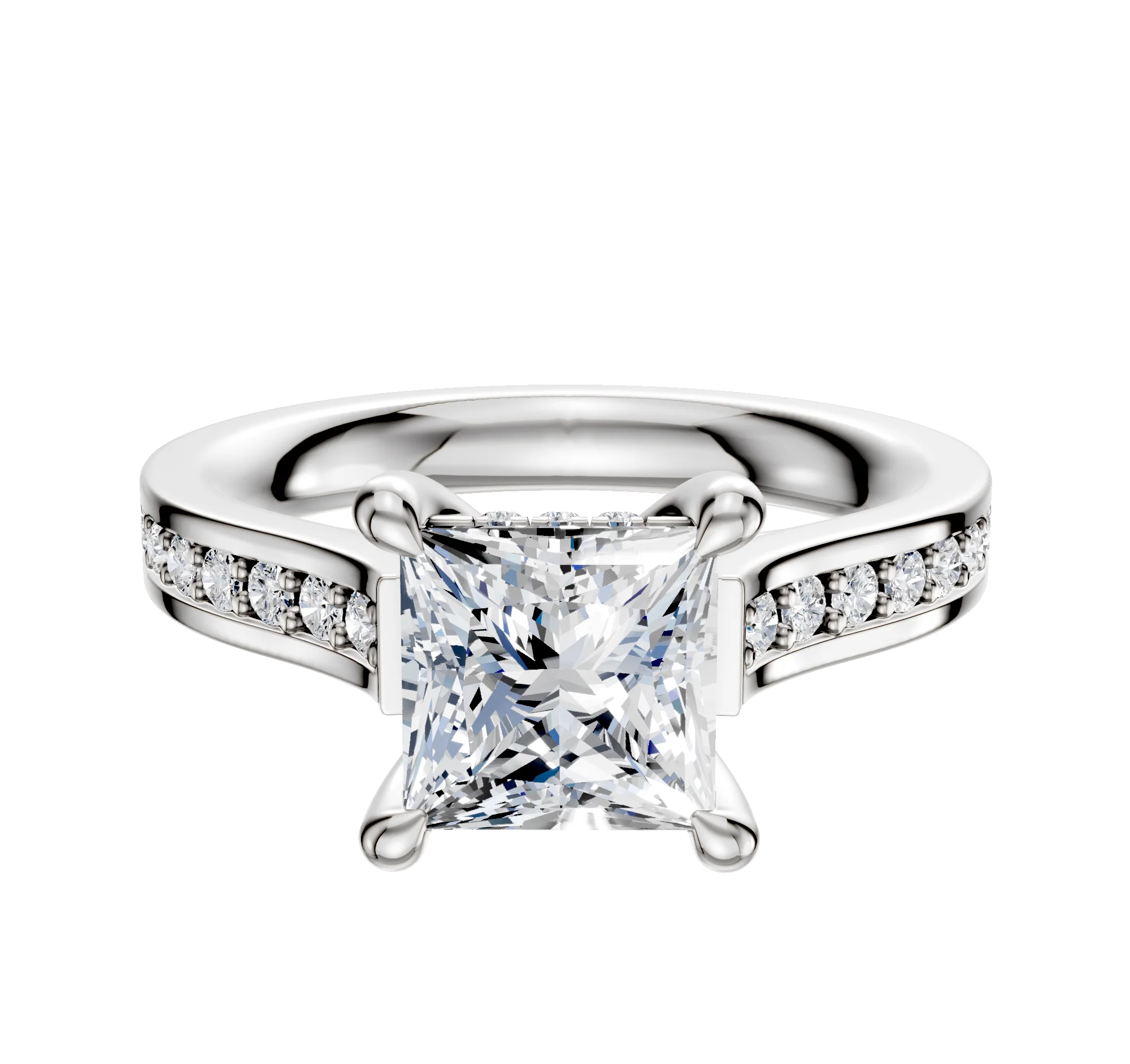 Platinum 4 Prong Hidden Halo Cathedral Flat 1-Row-Pave 2.5mm Engagement Ring