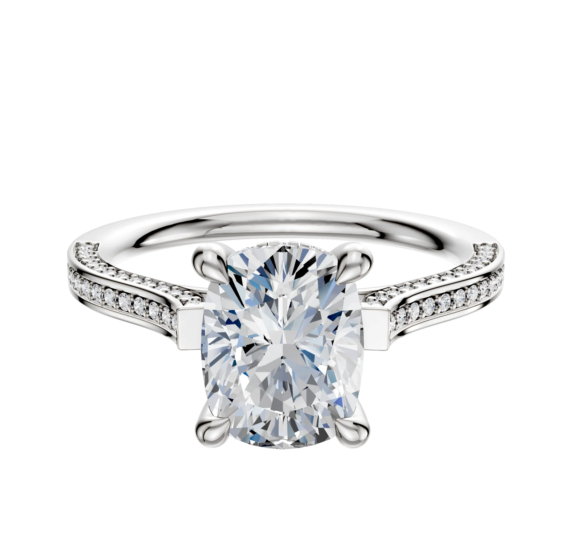 Platinum 4 Prong Hidden Halo Cathedral Flat 3-Row-Pave 2.0mm Engagement Ring