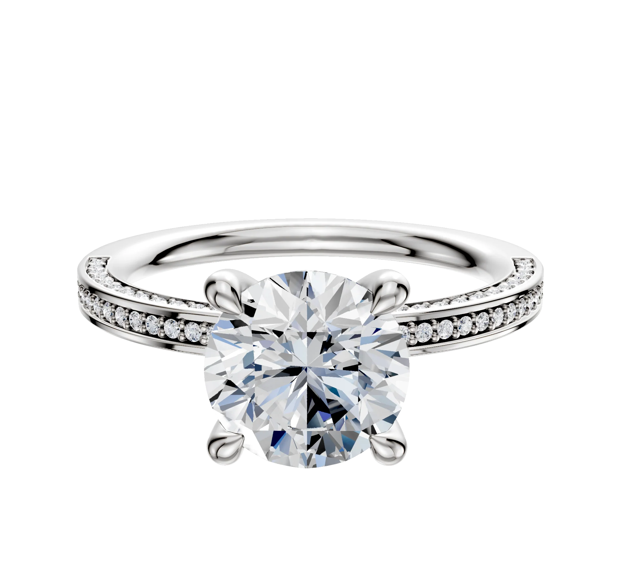 Platinum 4 Prong Hidden Halo Classic Flat 3-Row-Pave 2.0mm Engagement Ring