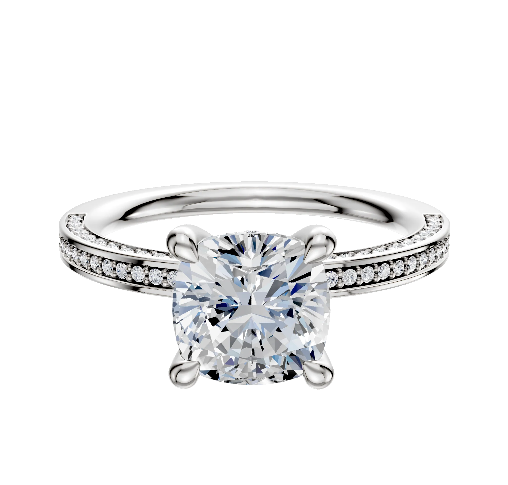 Platinum 4 Prong Hidden Halo Classic Flat 3-Row-Pave 2.0mm Engagement Ring