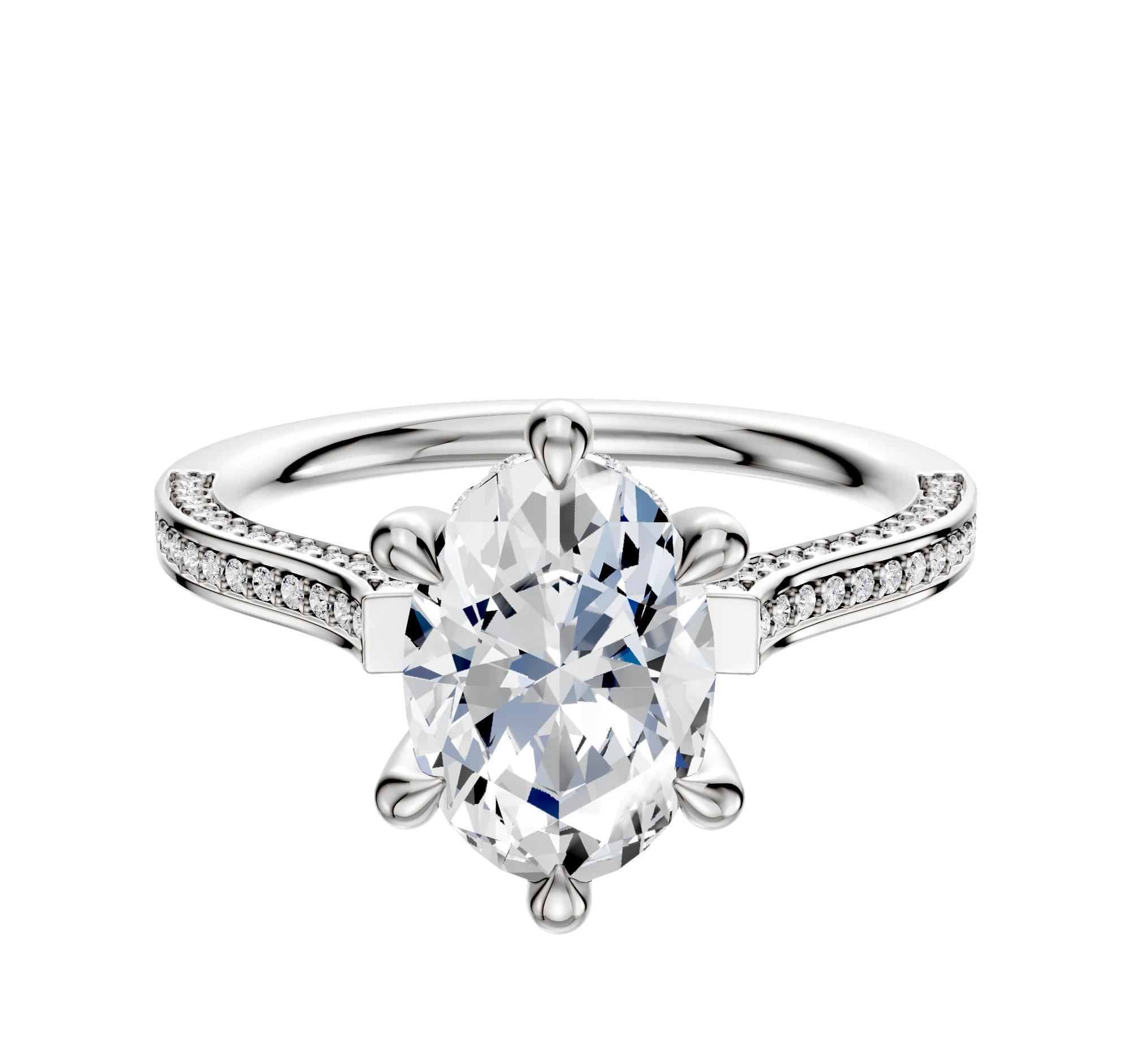 Platinum 6 Prong Hidden Halo Cathedral Flat 3-Row-Pave 2.0mm Engagement Ring