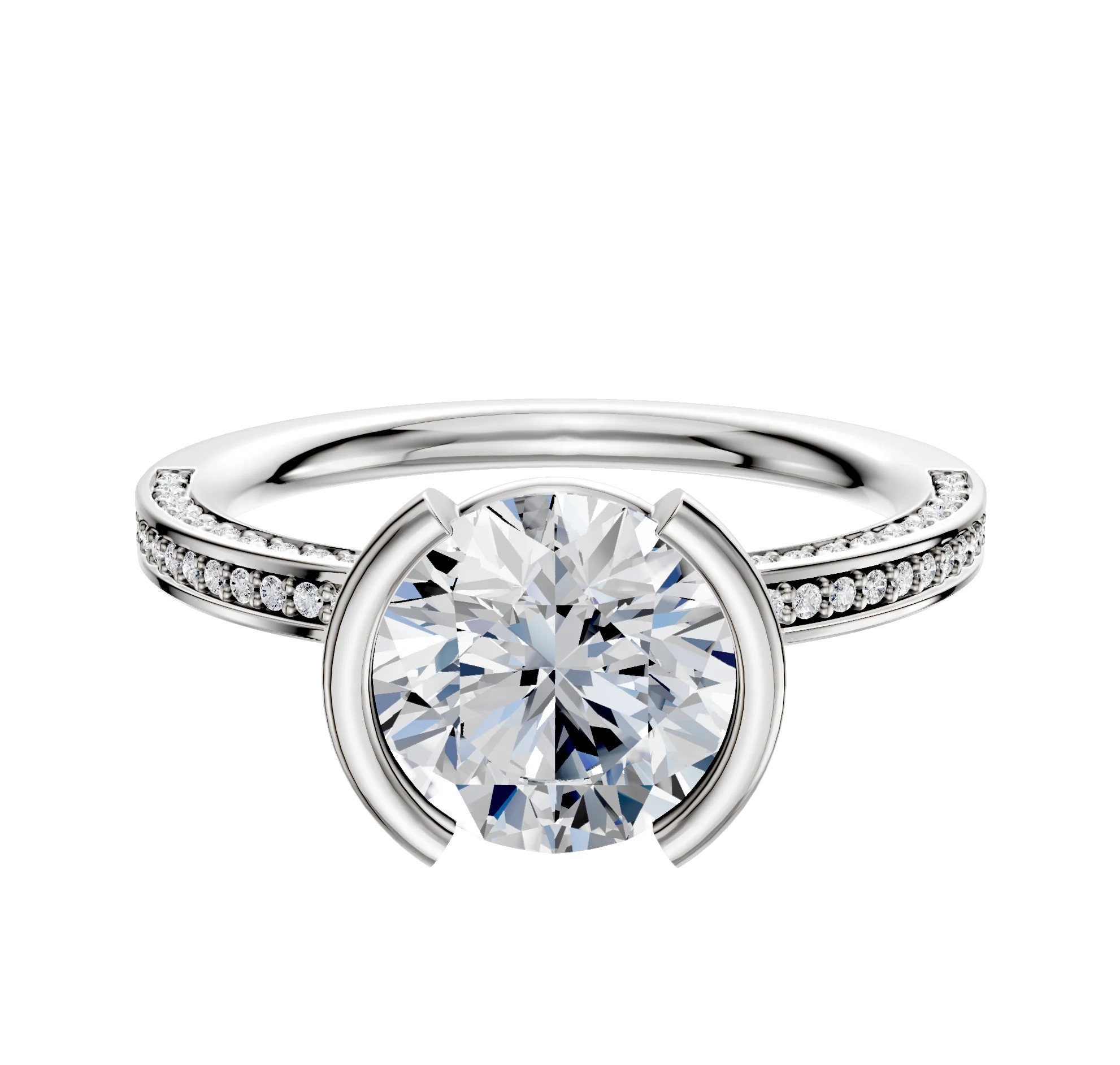 Platinum Bezel Half Bezel North/South Classic Flat 3-Row-Pave 2.0mm Engagement Ring