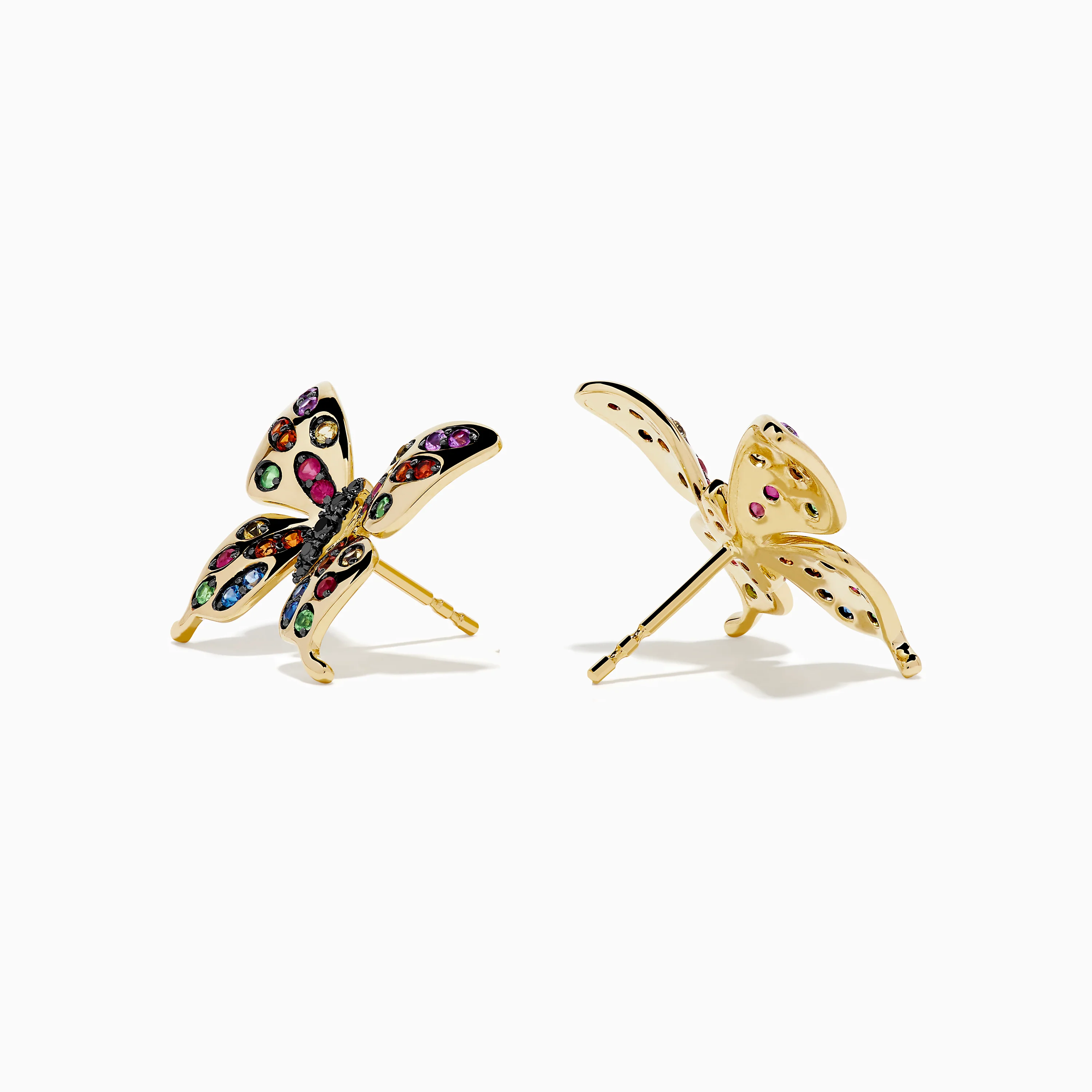 Watercolors 14K Yellow Gold Multi Sapphire and Black Diamond Butterfly Stud Earrings - Image 2