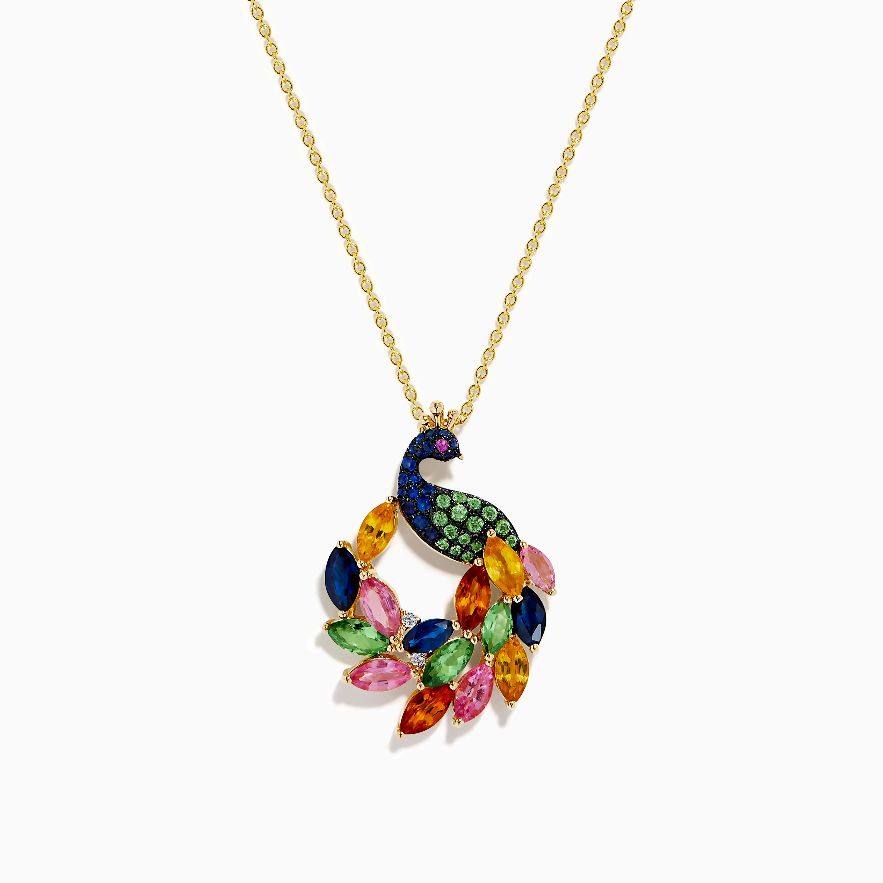 Watercolors 14K Yellow Gold Multi Sapphire and Diamond Peacock Pendant